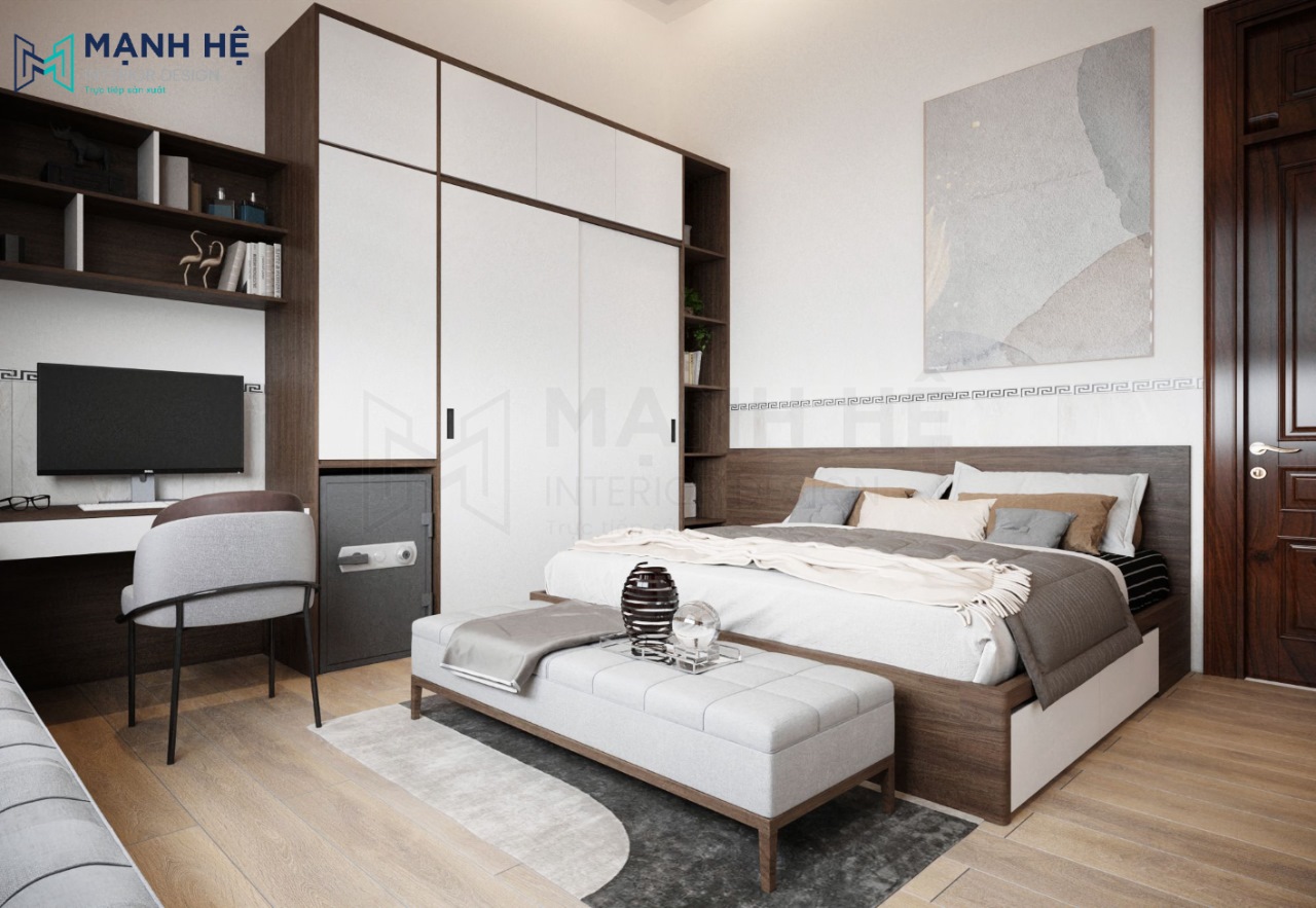 Thiết kế phòng ngủ gỗ công nghiệp với đầy đủ các đồ nội thất cơ bản
