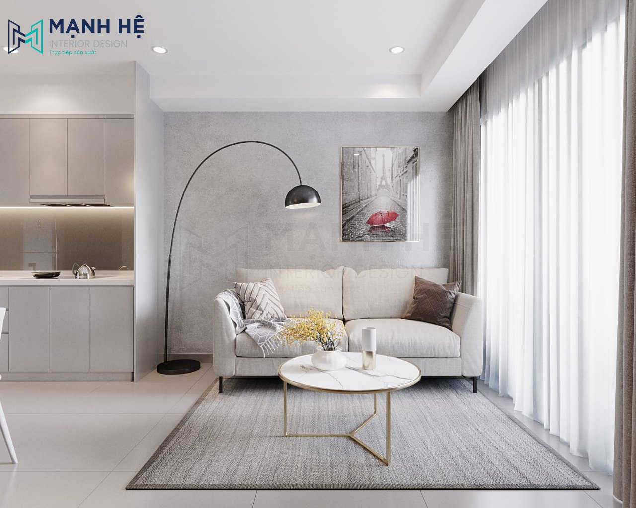 Thiết kế nội thất phòng khách với gam màu xám đặc trưng