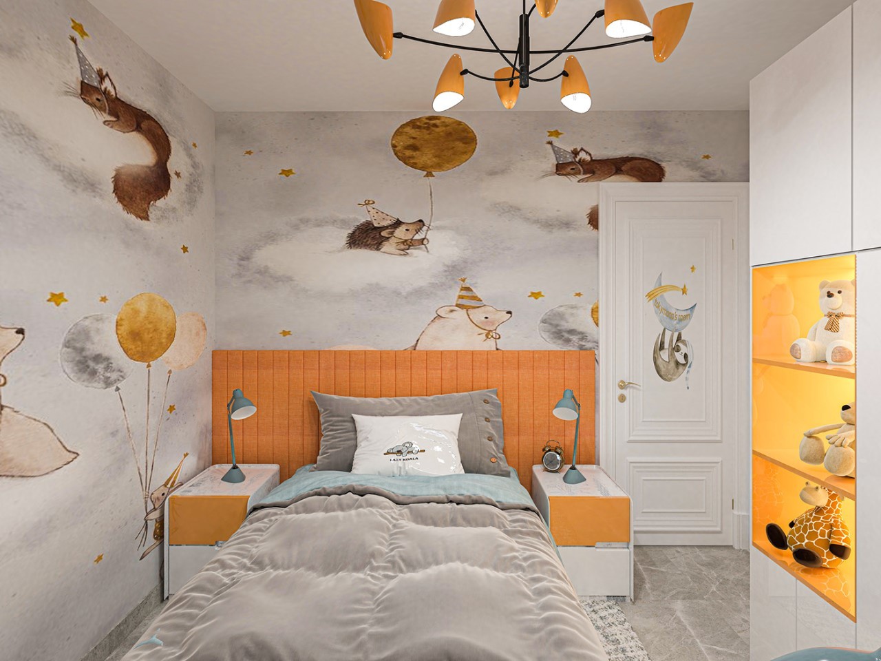 Mẫu phòng ngủ màu cam nhạt làm điểm nhấn cho phòng ngủ bé