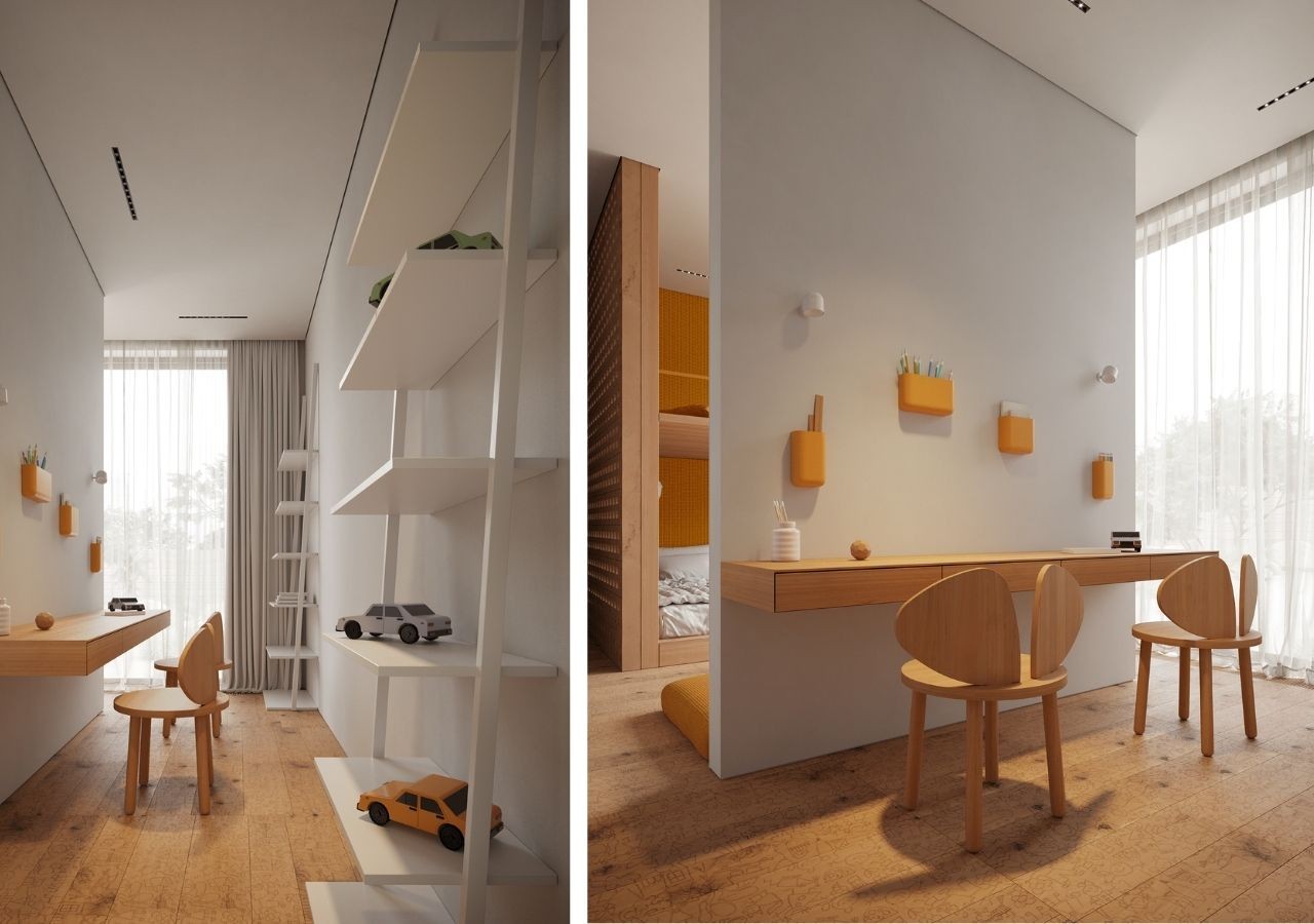 Thiết kế bàn học màu vàng gỗ hài hòa với phòng ngủ màu cam