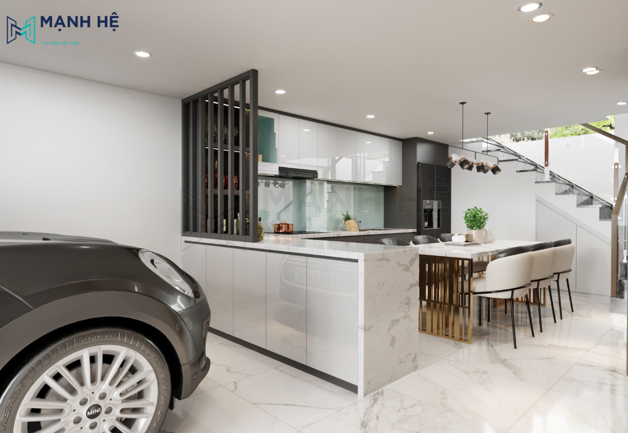 Thiết kế không gian phòng bếp đẹp với chiếc bàn đảo bếp ngăn cách không gian