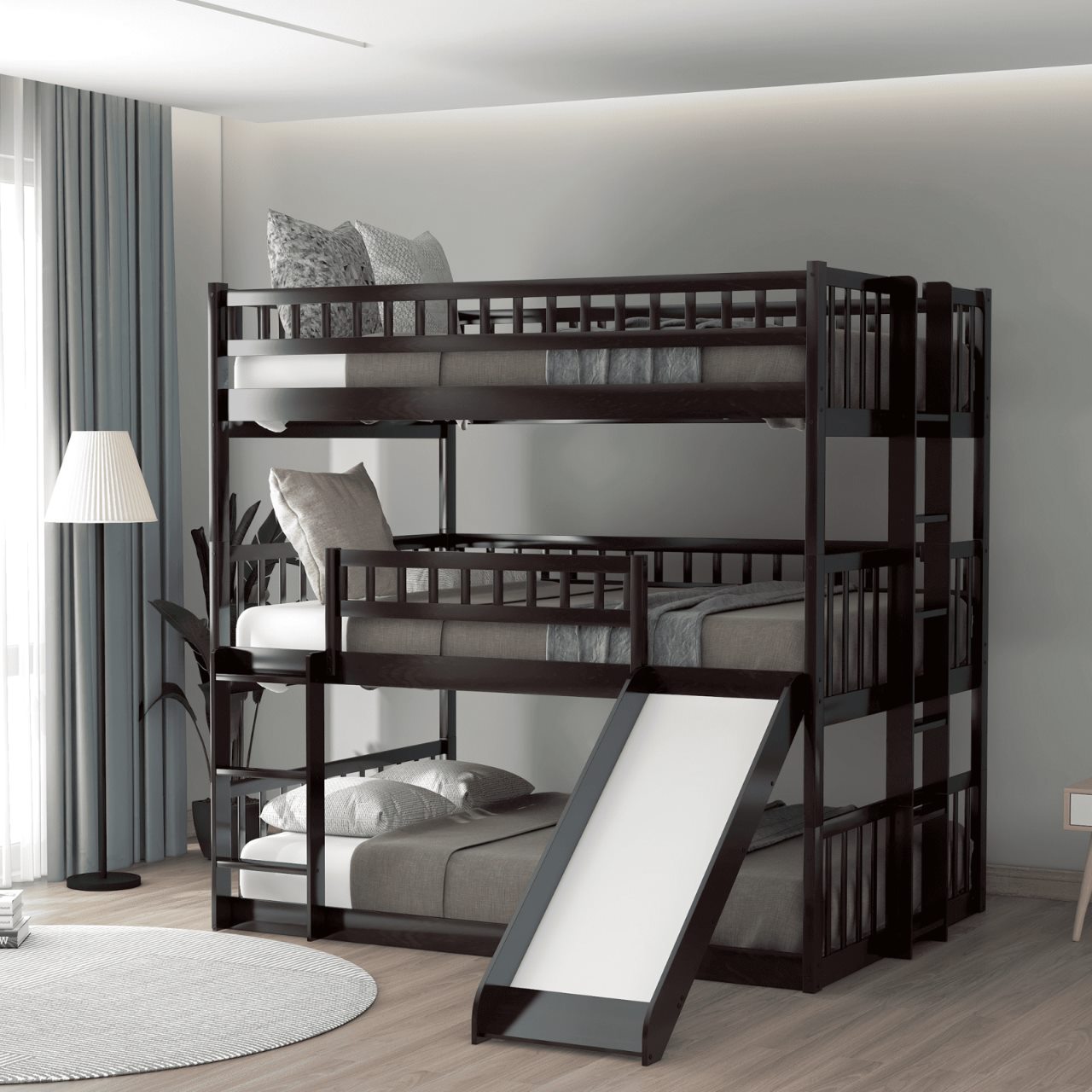 Mẫu giường 3 tầng đẹp làm từ gỗ tự nhiên dành cho 3 người sử dụng