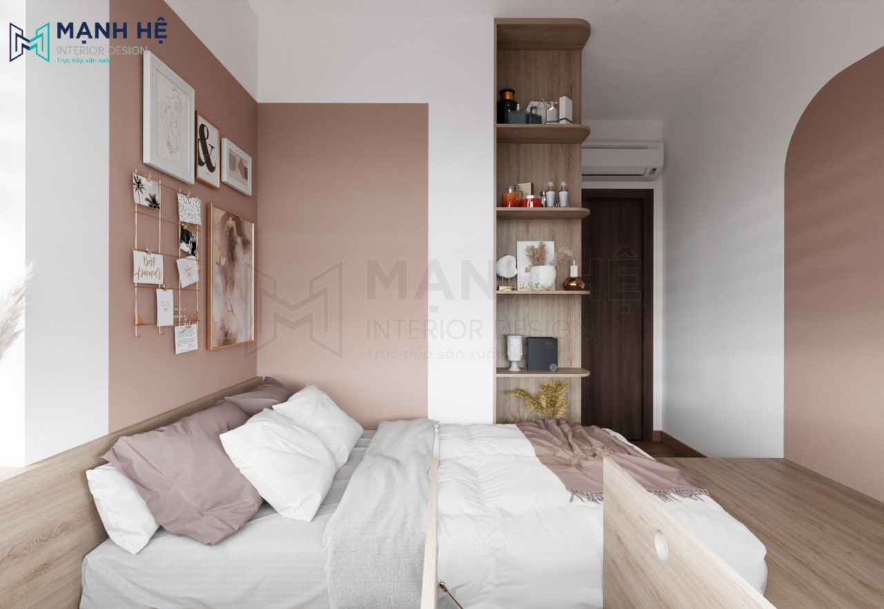 Các mảng tường trong phòng ngủ được sơn màu hồng đất nhã nhặn