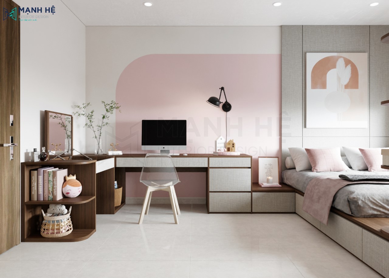 Sơn tường phòng ngủ phối hồng trắng sáng tạo