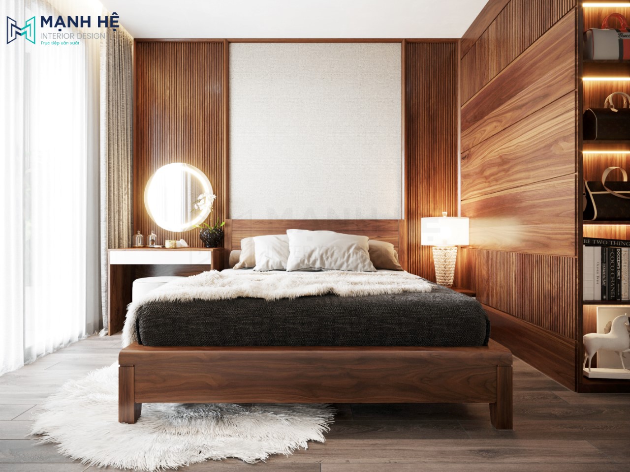 Thiết kế phòng ngủ master đẹp với chất liệu gỗ óc chó sang trọng
