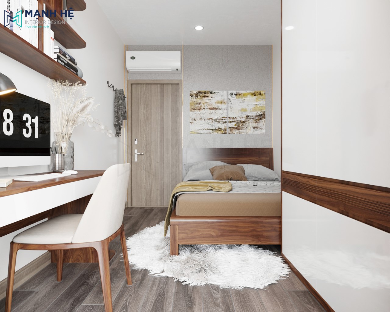 Không gian phòng ngủ nhỏ nhưng được bố trí đầy đủ đồ nội thất tiện nghi