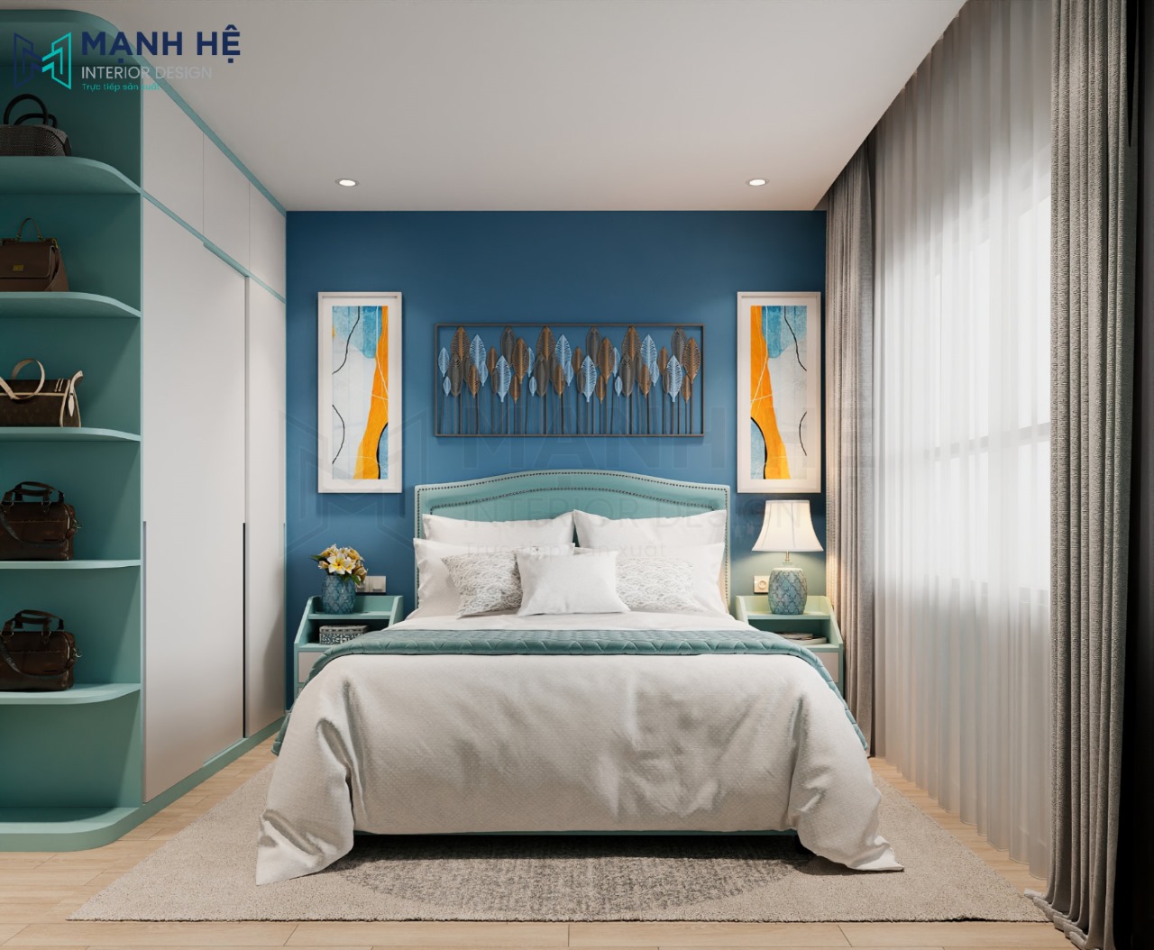 Thiết kế nội thất phòng ngủ master với gam màu xanh năng động