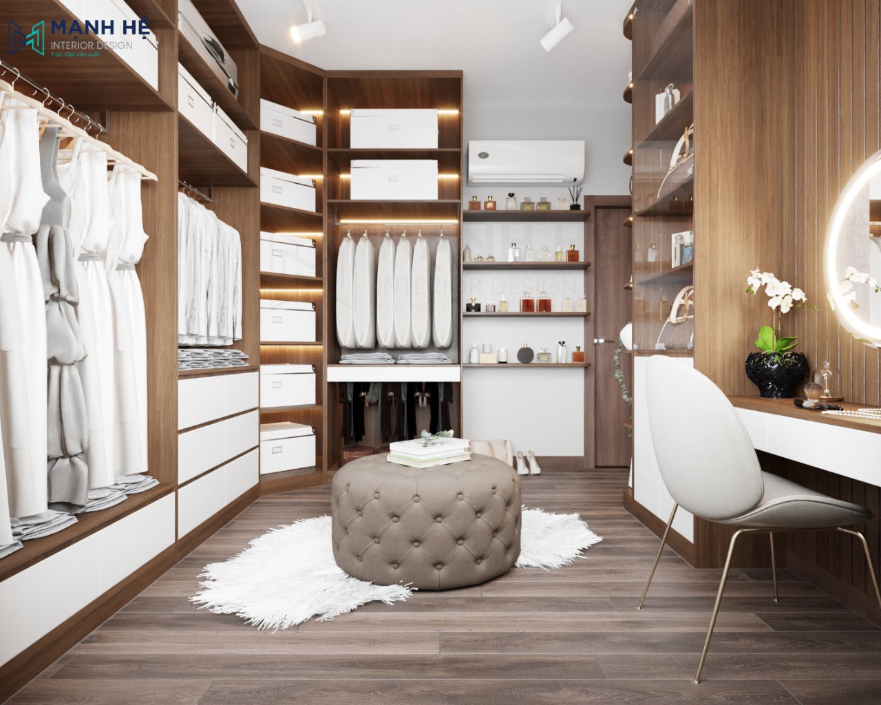 Thiết kế phòng thay đồ đẹp tiện nghi với tủ quần áo, bàn trang điểm, tủ kính và kệ treo tường...