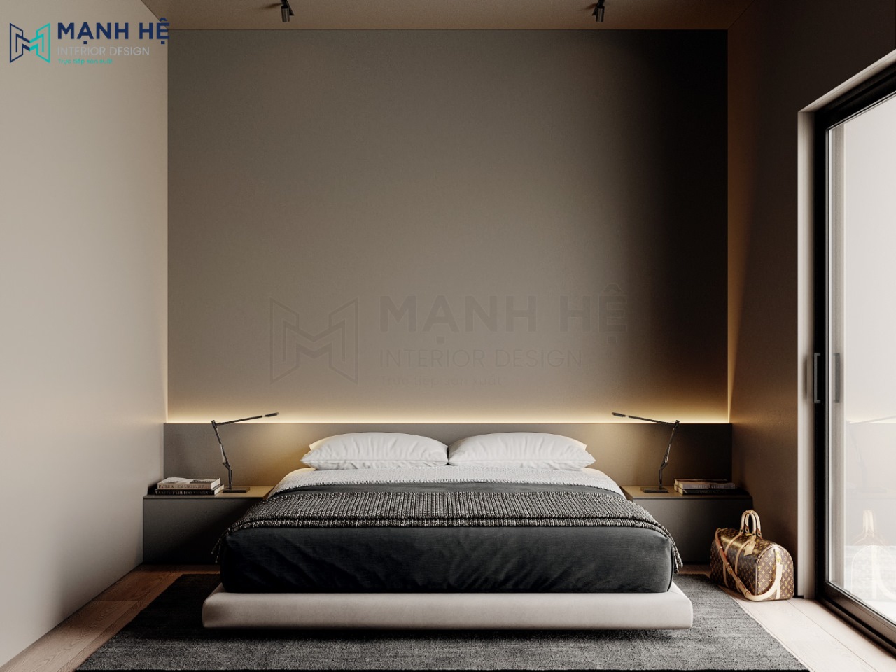 Mẫu phòng ngủ màu nâu xám với thiết kế tối giản