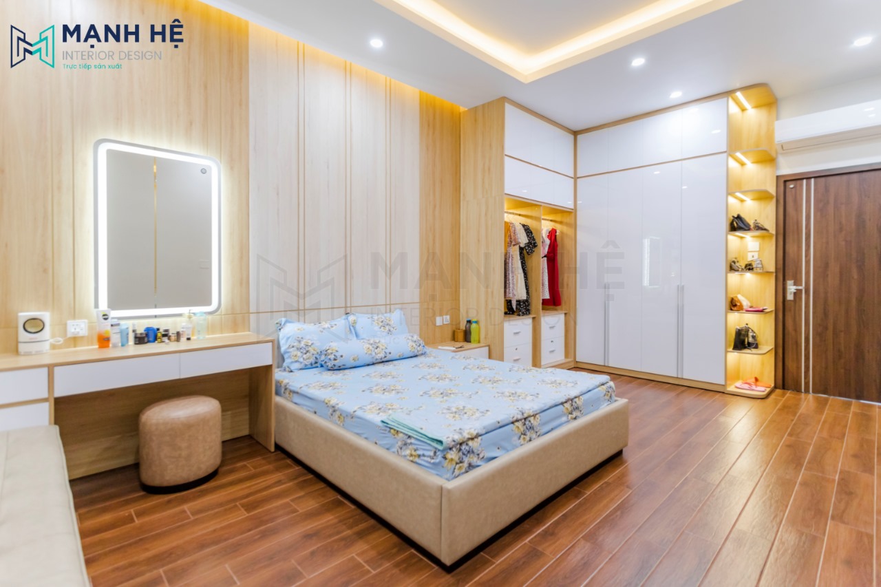 Thi công nội thất phòng ngủ với chất liệu gỗ công nghiệp sáng màu