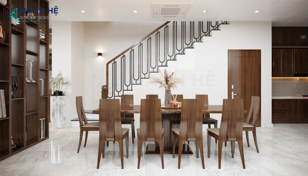 Thiết kế nội thất phòng ăn tiện nghi với bộ bàn ăn 10 ghế