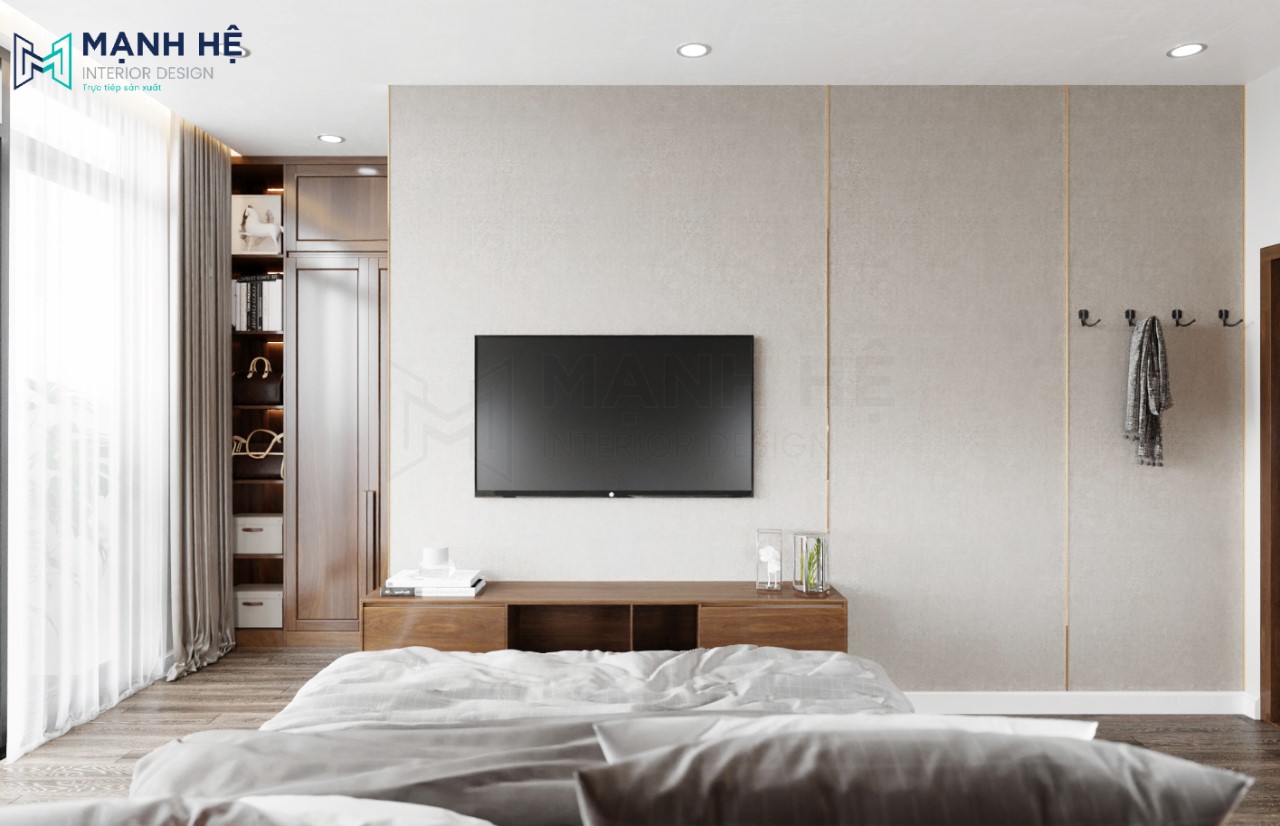 Kệ tivi kiểu dáng đơn giản được thiết kế treo tường giúp tiết kiệm diện tích