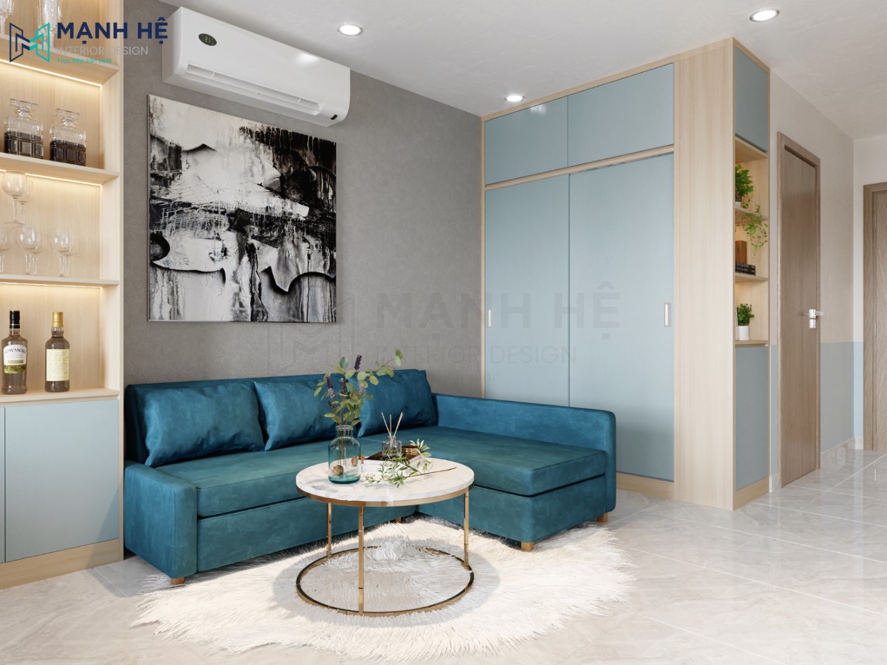 Lựa chọn gam màu xanh năng động cho không gian căn hộ studio thêm thoáng đãng và rộng mở