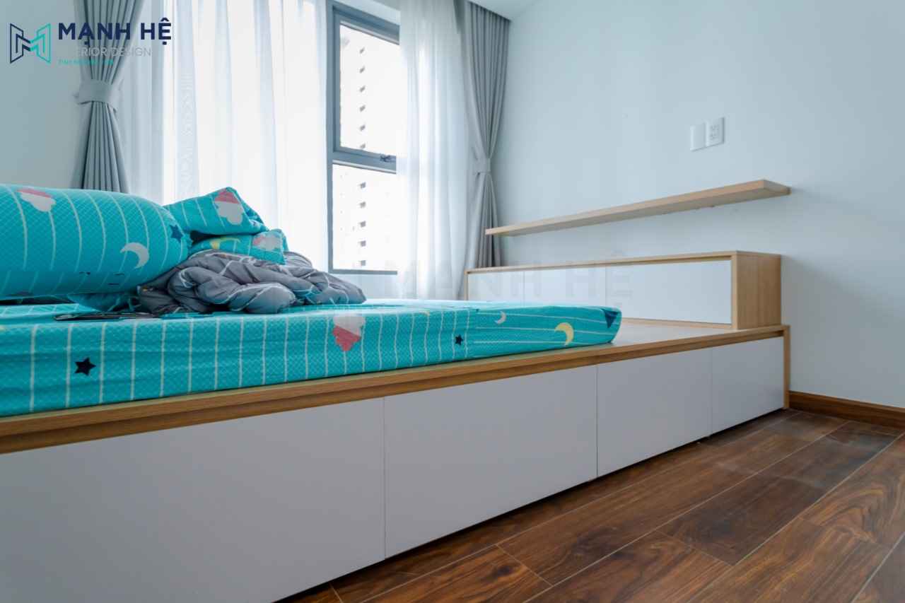 Giường ngủ dạng bục có ngăn kéo làm bằng gỗ công nghiệp chắc chắn vầ bền bỉ