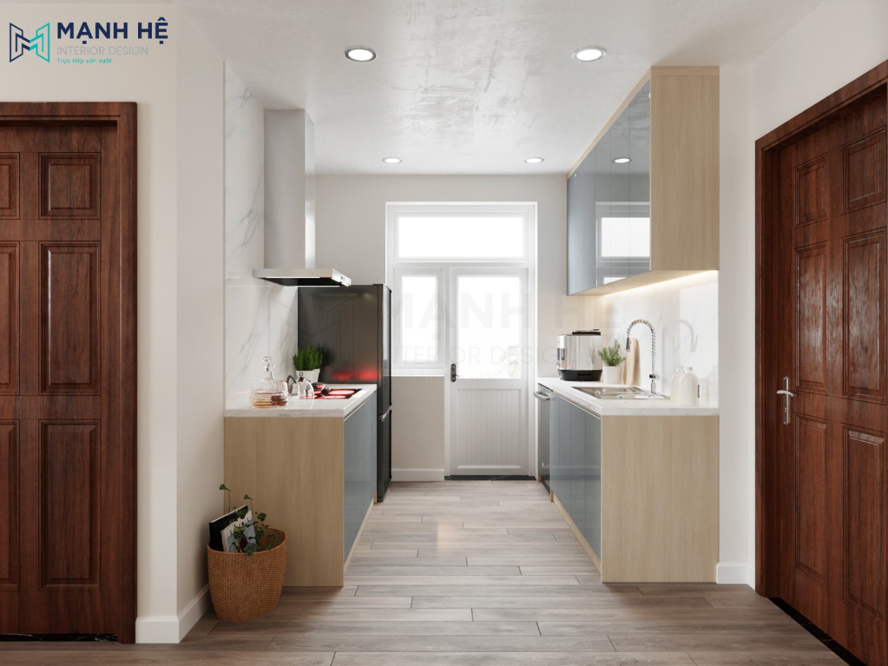 Thiết kế nội thất phòng bếp căn hộ chung cư với hệ tủ bếp song song