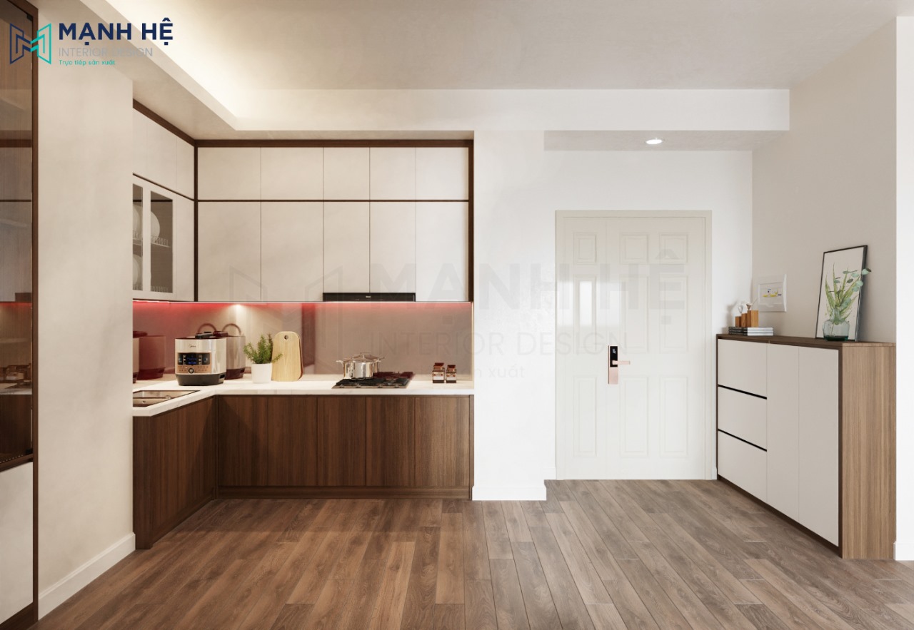 Không gian phòng bếp nhỏ đơn giản với hệ tủ bếp cao đụng trần