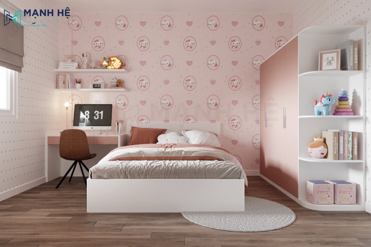 Thiết kế nội thất phòng ngủ màu hồng xinh xắn cho bé gái nữ tính