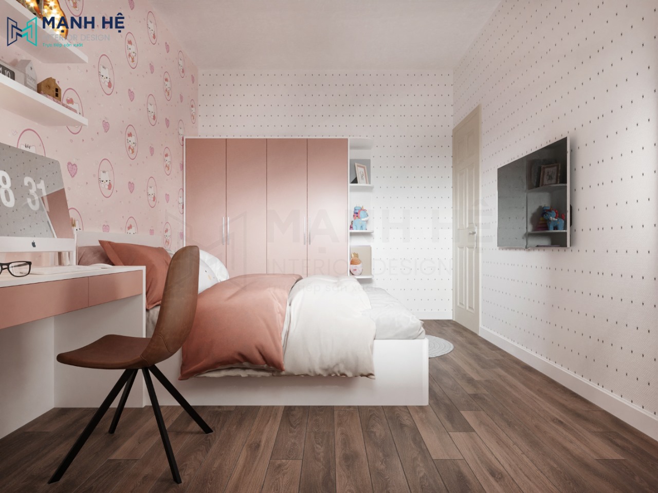 Không gian nội thất phòng ngủ tràn ngập sắc hồng xinh xắn cho bé