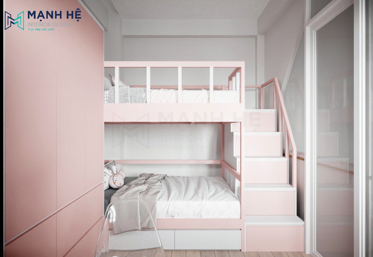 Mẫu giường tầng màu hồng dễ thương cho 2 bé gái