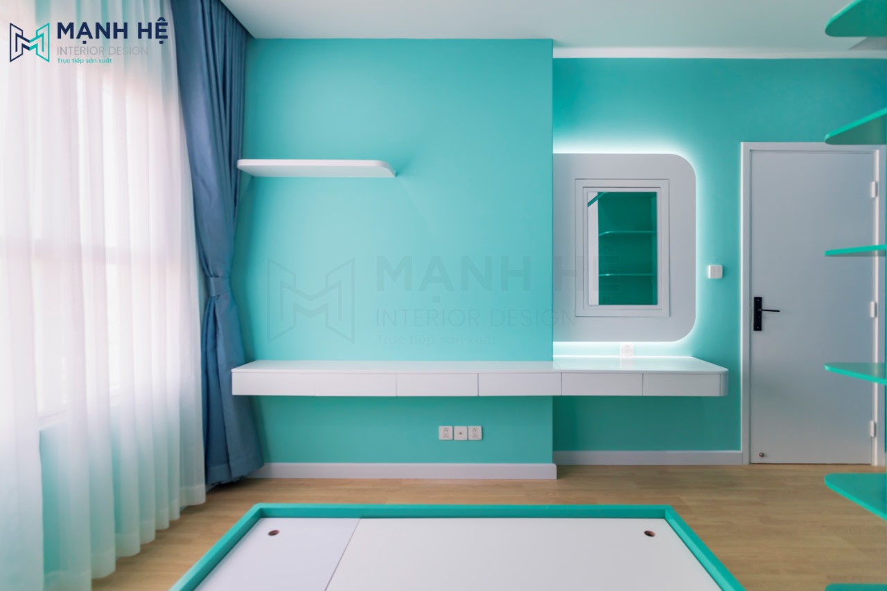 Kệ tivi kết hợp bàn trang điểm treo tường giúp tối ưu diện tích căn phòng ngủ