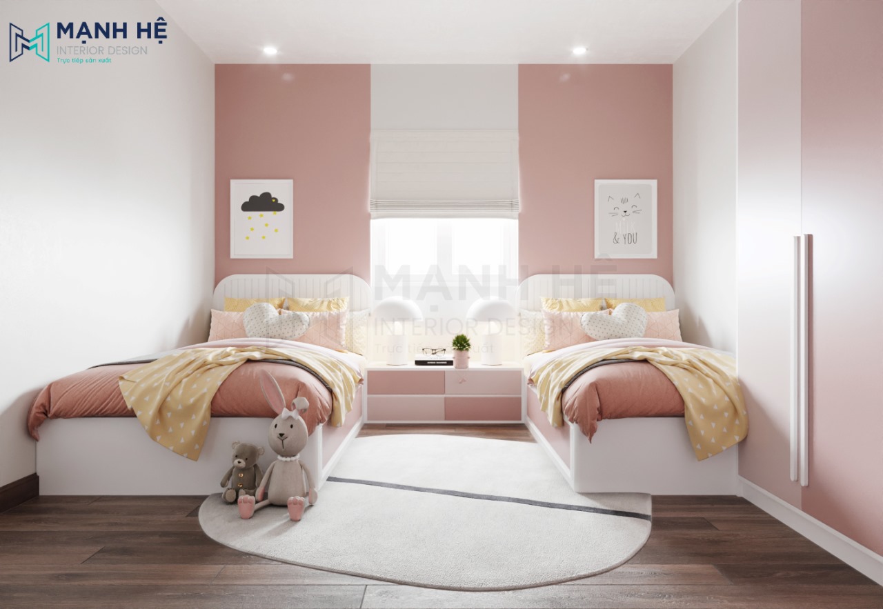 Thiết kế phòng ngủ nhỏ cho bé với sự bố trí hợp lý giường ngủ đôi màu hồng dễ thương