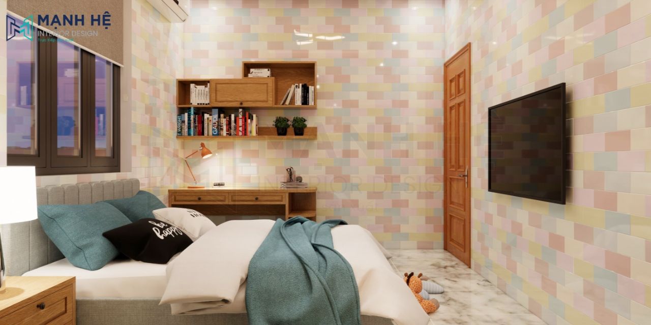 Phòng ngủ gỗ sồi cho bé với điểm nhấn tường ốp đá đa màu sắc