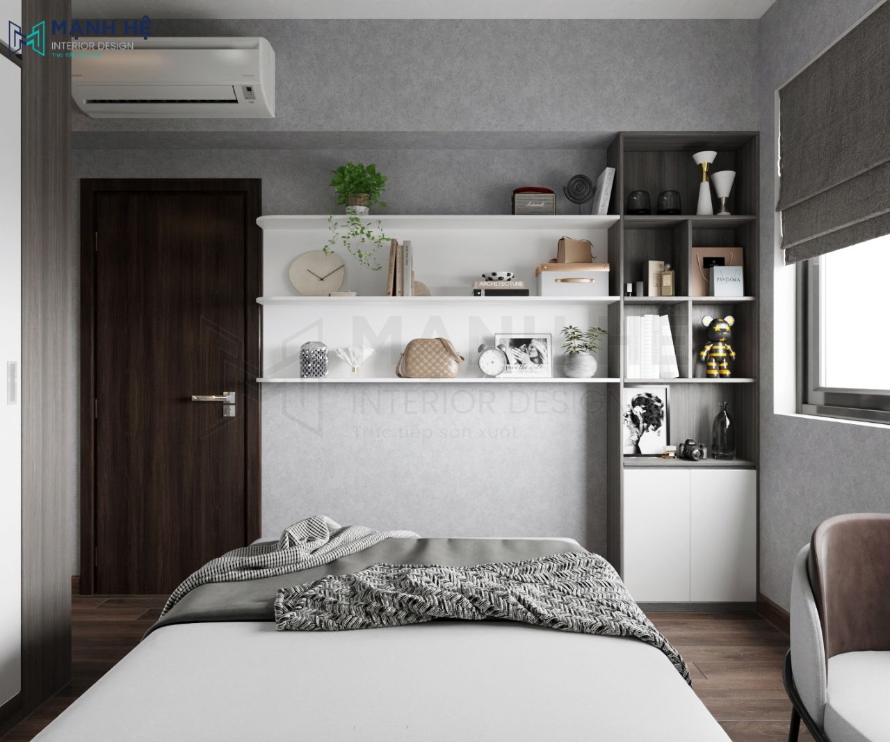Tủ đựng đồ trang trí đặt phía cuối giường giúp tăng tính thẩm mỹ cho căn phòng