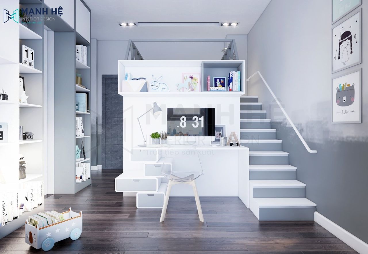 Mẫu giường tầng có thiết kế đơn giản, tối ưu không gian thoáng đãng cho bé khi nằm ngủ