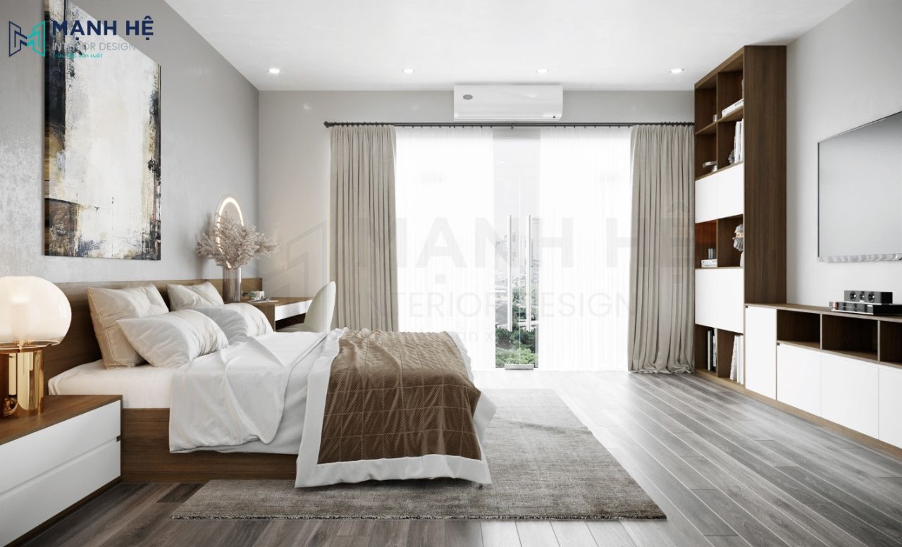 Không gian phòng ngủ tiện nghi với nội thất gỗ công nghiệp