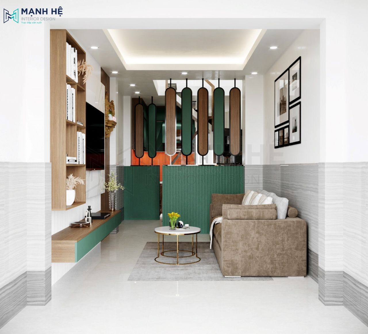 Phòng khách nhà ống 4m hiện đại màu xanh nổi bật