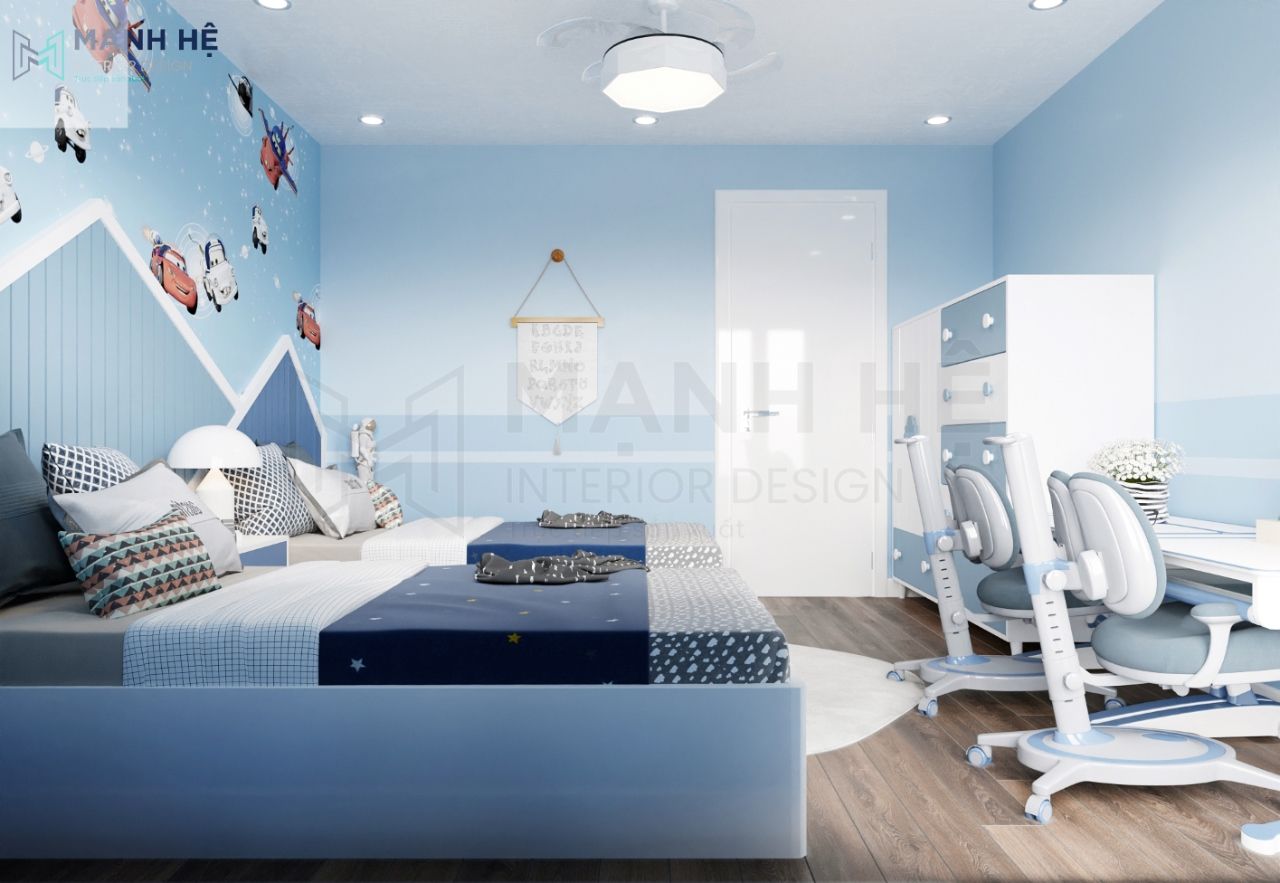 Không gian phòng ngủ cho bé với gam màu xanh mới lạ tạo cảm giác nhẹ nhàng
