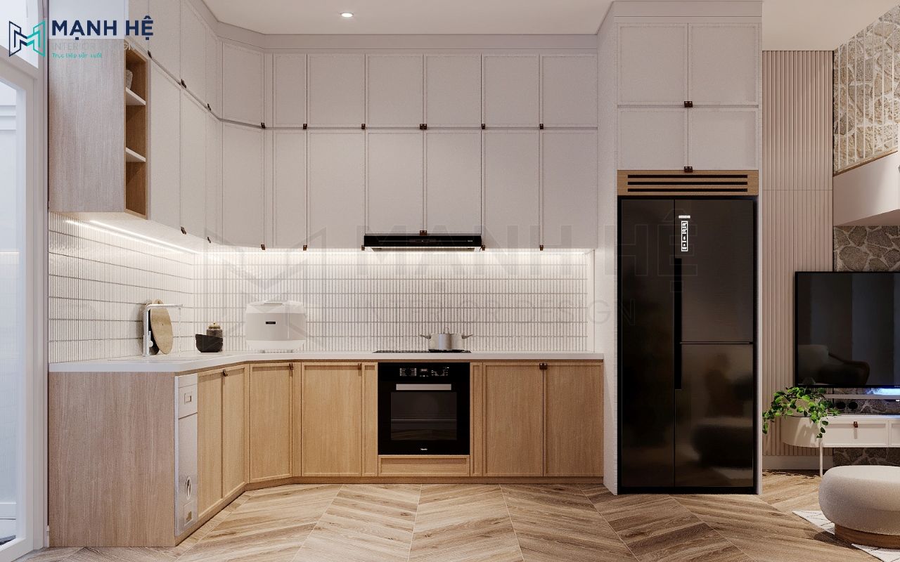 Hệ tủ bếp gỗ tự nhiên chữ L với đường nét thiết kế sắc sảo