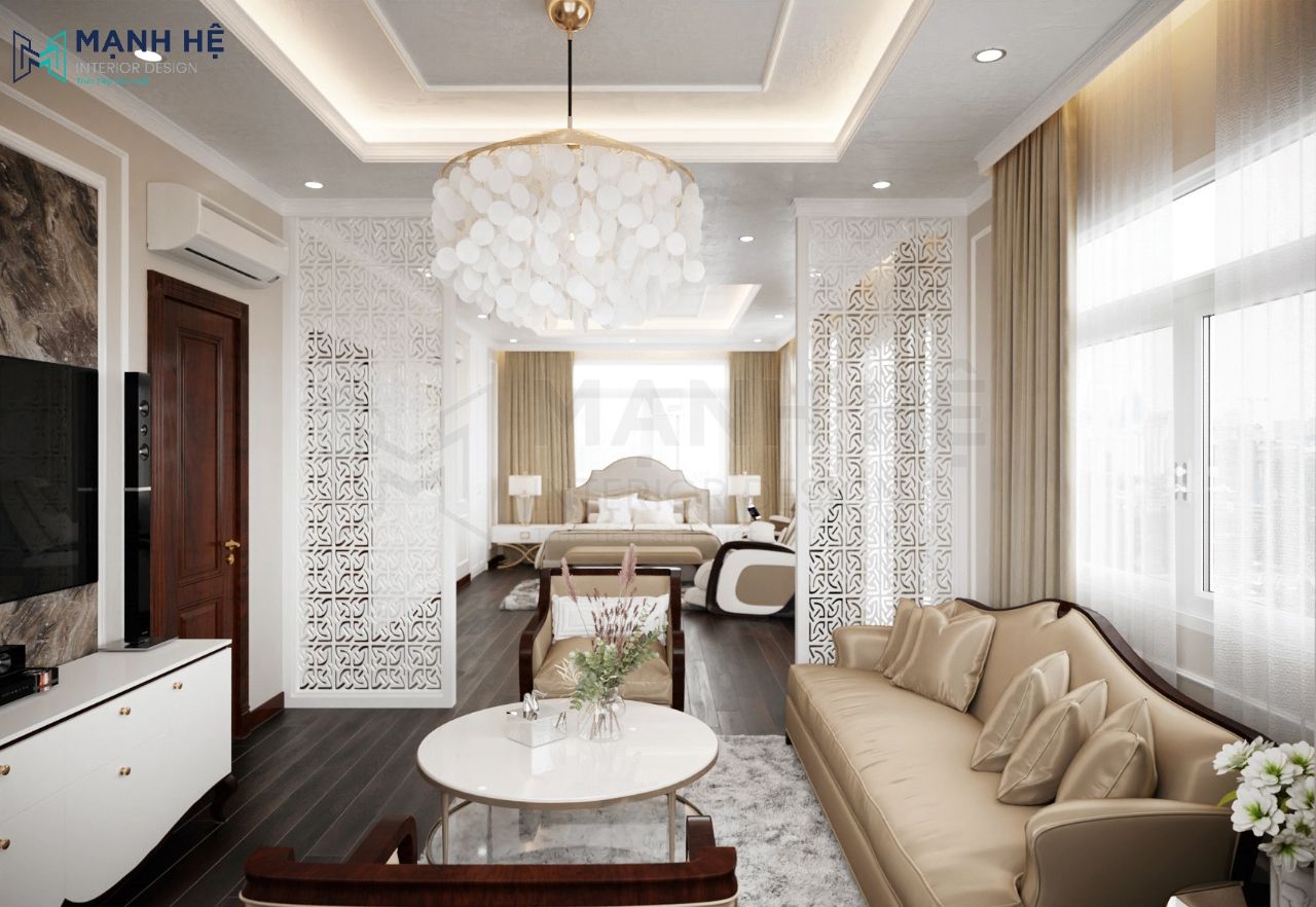 Không gian phòng trà được tích hợp trong phòng ngủ PN097 theo phong cách tân cổ điển