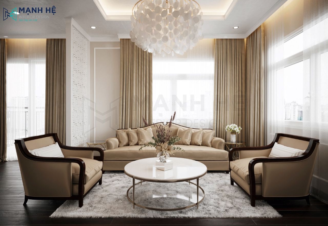 Bố trí bộ sofa kết hợp bàn trà tròn ở chính giữa