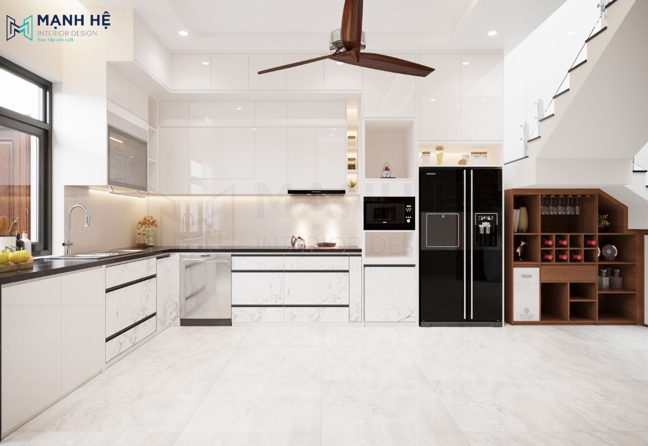 Tủ đựng rượu đặt dưới gầm cầu thang giúp tận dụng tối đa diện tích
