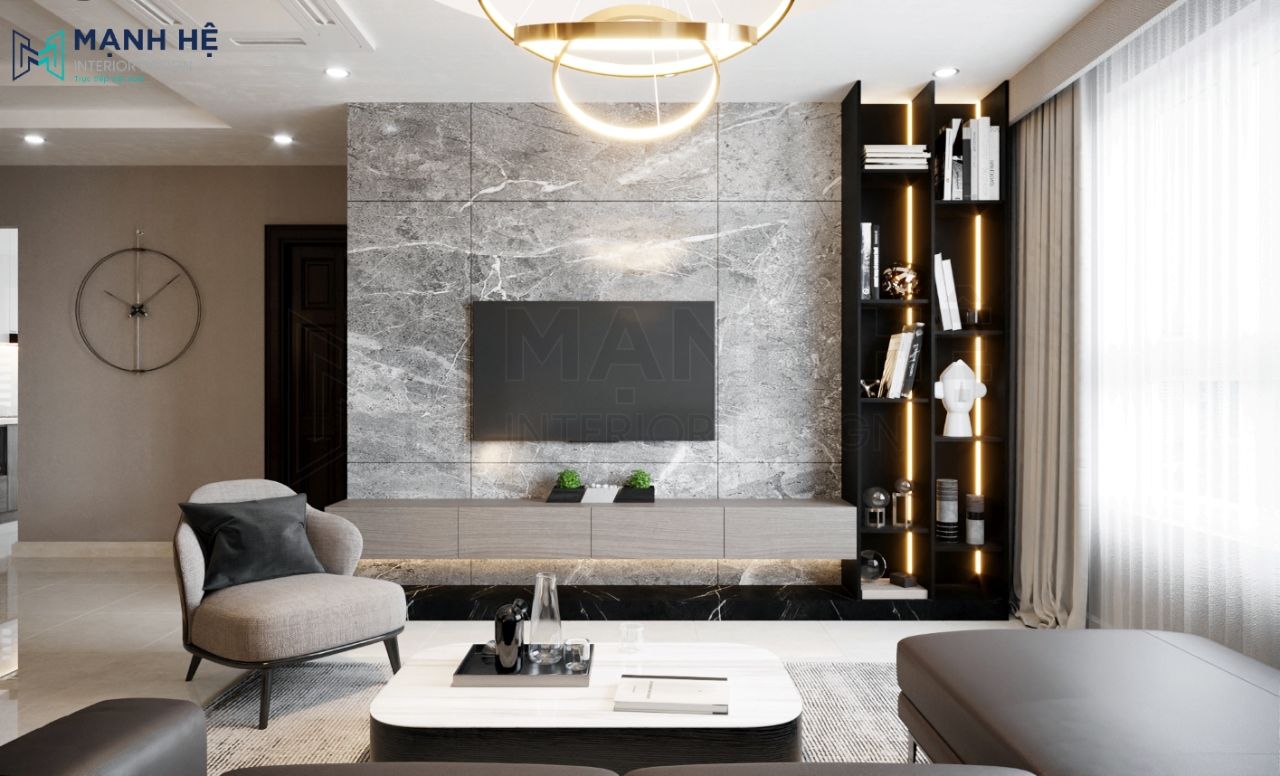 Trang trí mảng tường sau kệ tivi bằng vách ốp đá