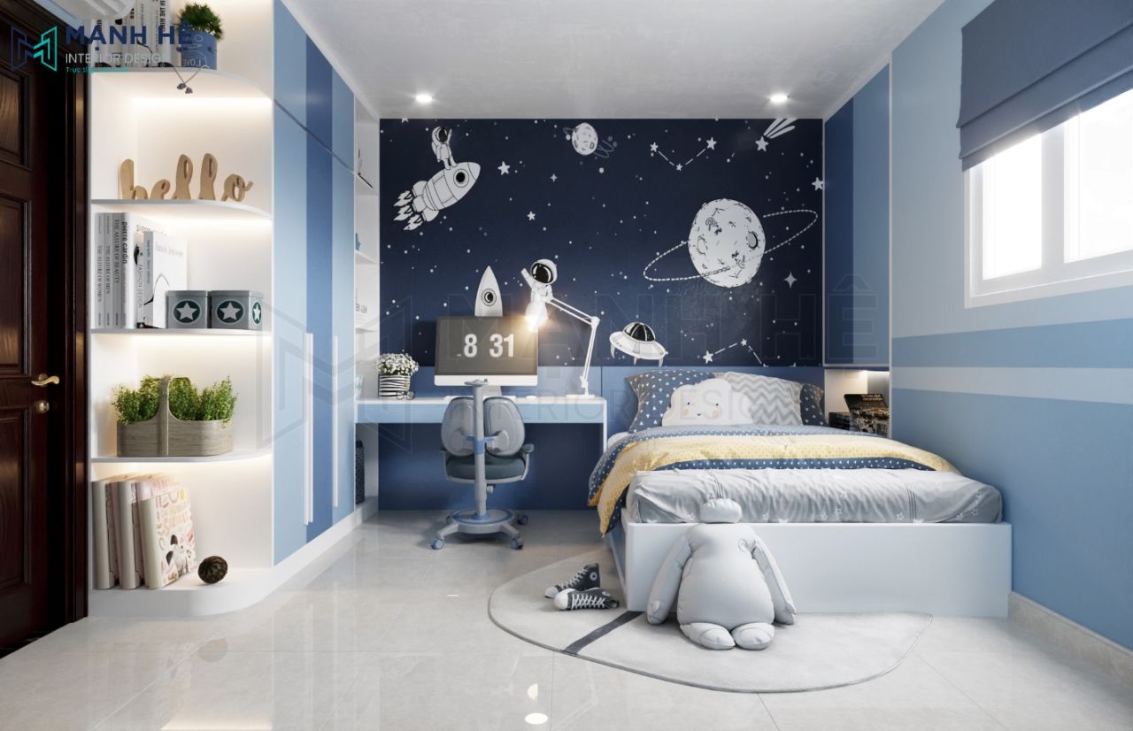 Phòng ngủ cho bé trai màu xanh năng động