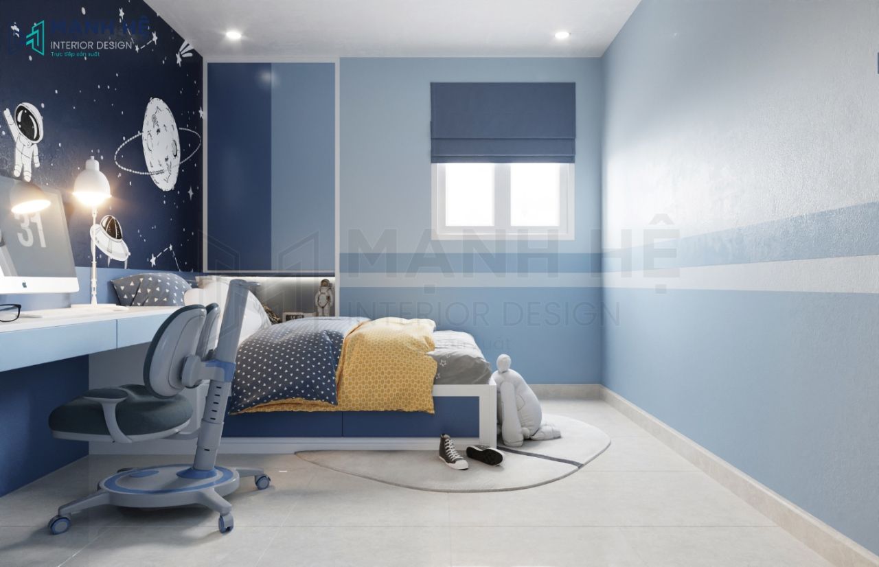 Không gian phòng ngủ màu xanh được tối ưu ánh sáng nhờ thiết kế rèm roman và hệ thống đèn led âm trần