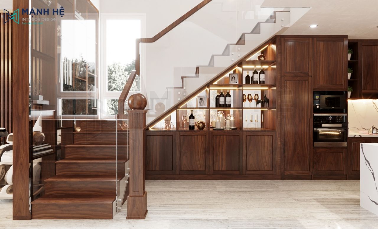 Tủ gầm cầu thang kết hợp tủ rượu từ gỗ óc chó đẳng cấp