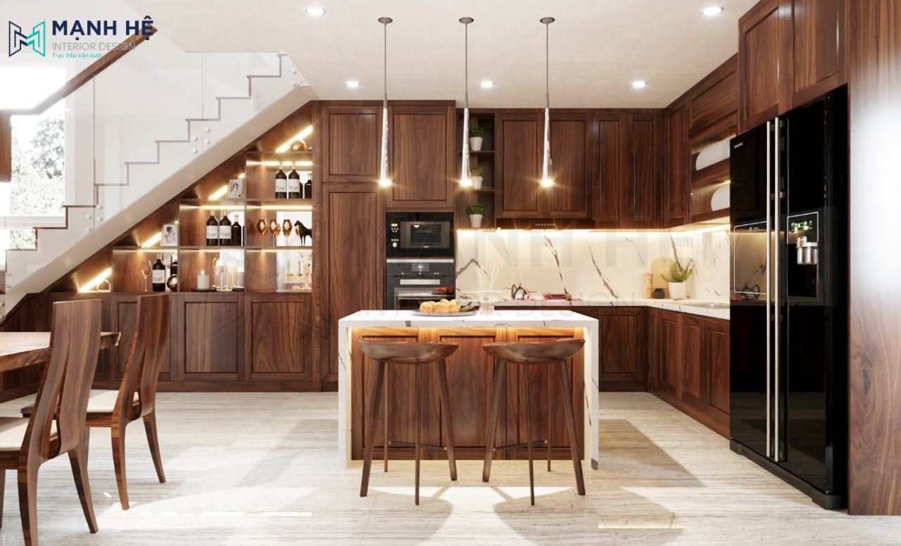 Hệ tủ bếp thiết kế dạng chữ L cực tiện lợi bằng gỗ tự nhiên quý phái