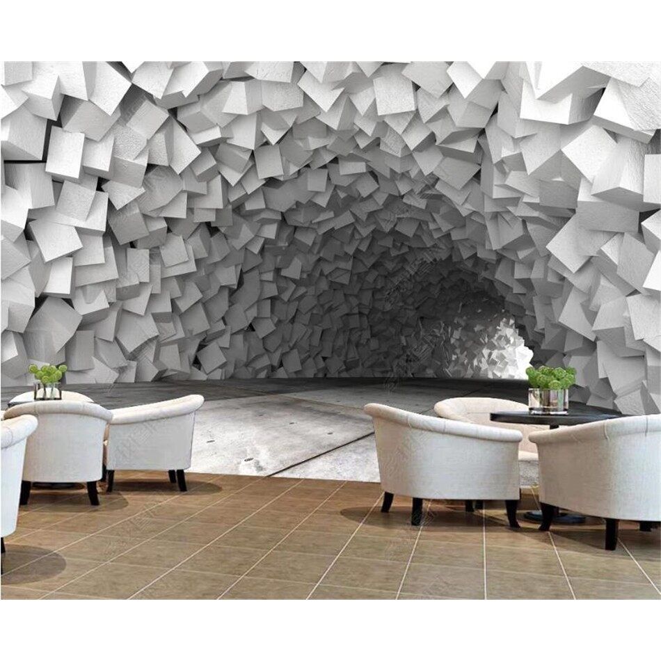 Giấy dán tường giả đá 3D tạo hình đường hầm lạ mắt dành cho không gian phòng khách rộng