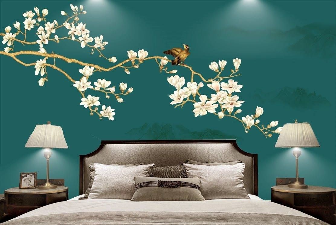 Giấy dán tường 3D phòng ngủ với họa tiết nhành đào trên phông nền xanh yên bình
