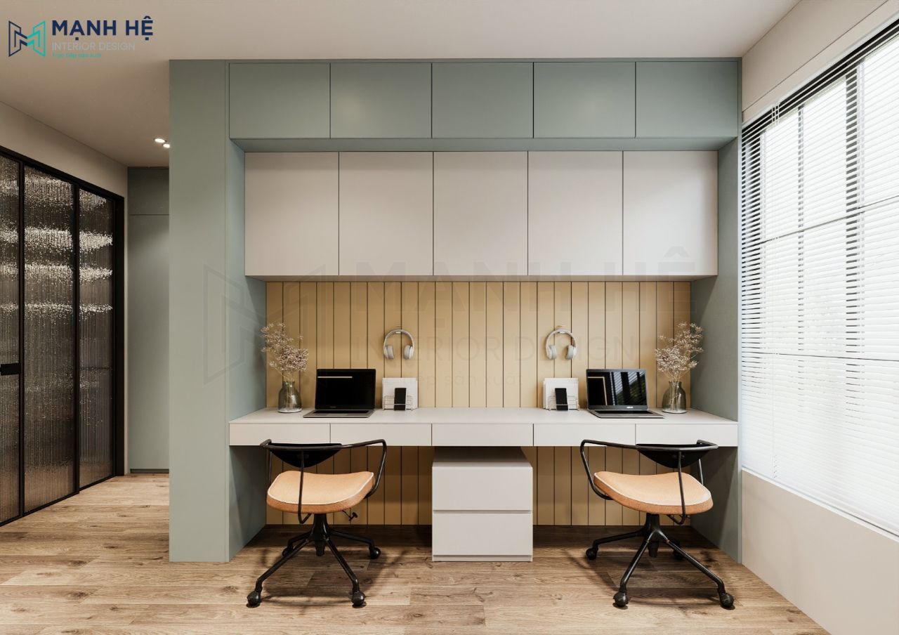 Bàn học kết hợp tủ sách đặt đối diện