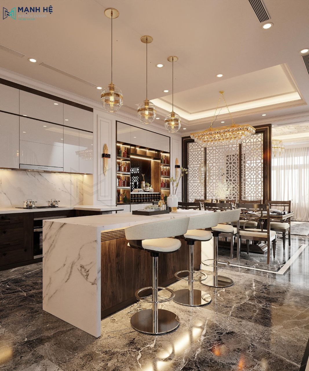 Phòng bếp sang trọng với bàn đảo bếp đá marble cao cấp