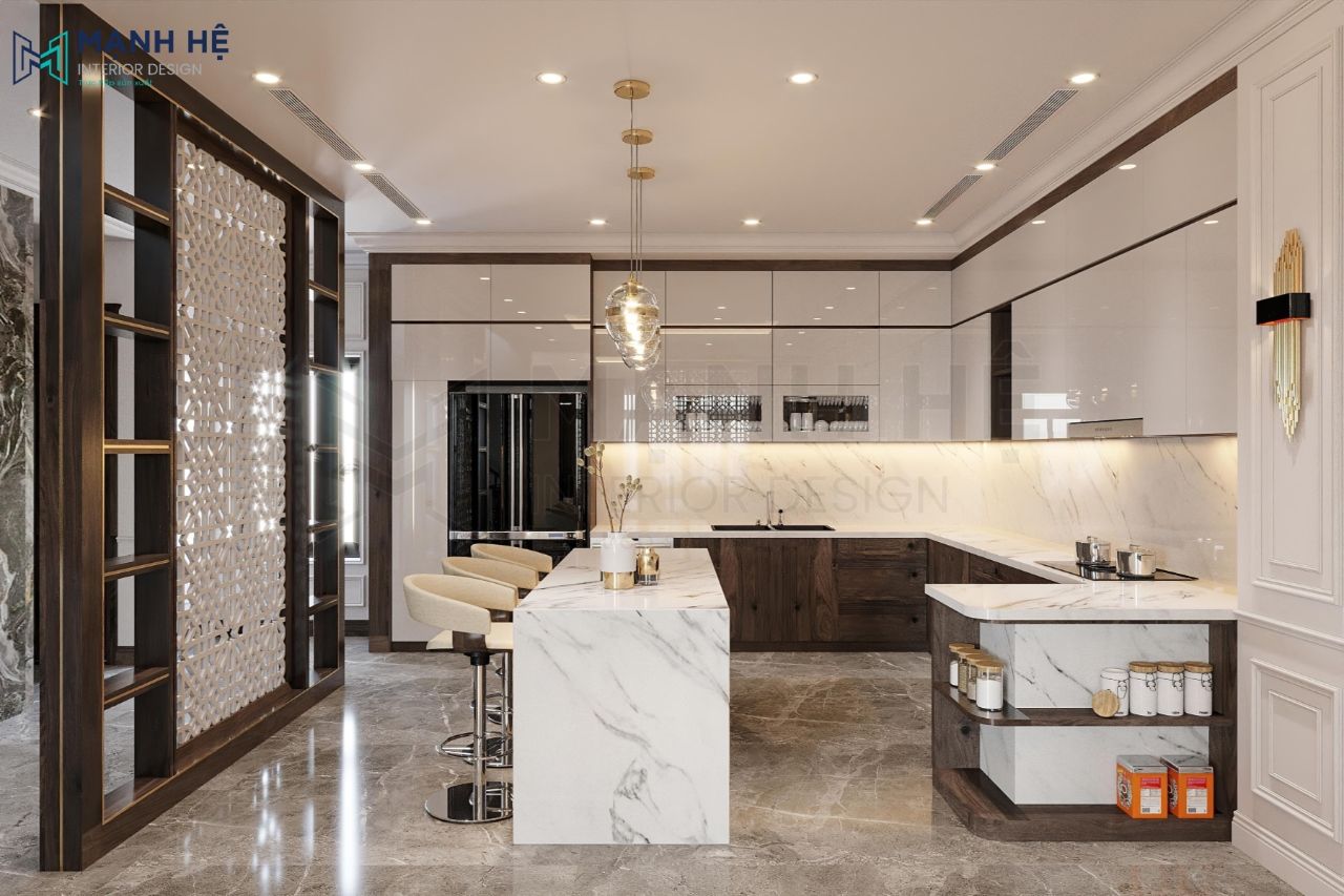 Tủ bếp gỗ công nghiệp phủ acrylic sáng bóng kết hợp quầy bar