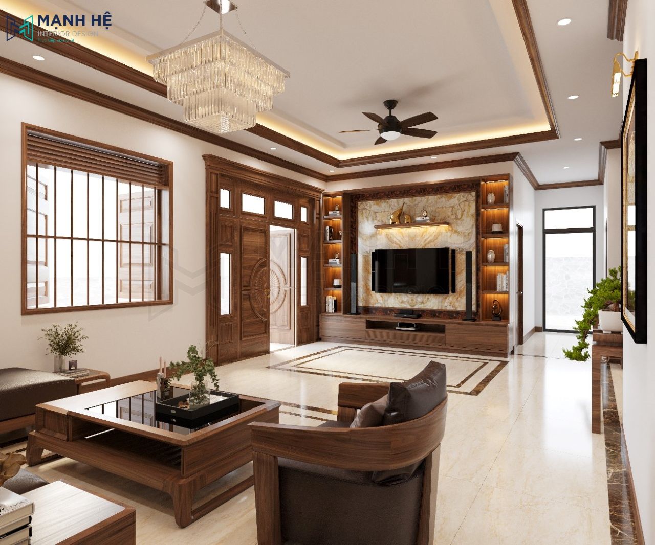 Thiết kế phòng khách 30m2 gỗ óc chó không chỉ có giá trị thẩm mỹ cao mà còn có giá trị về phong thủy