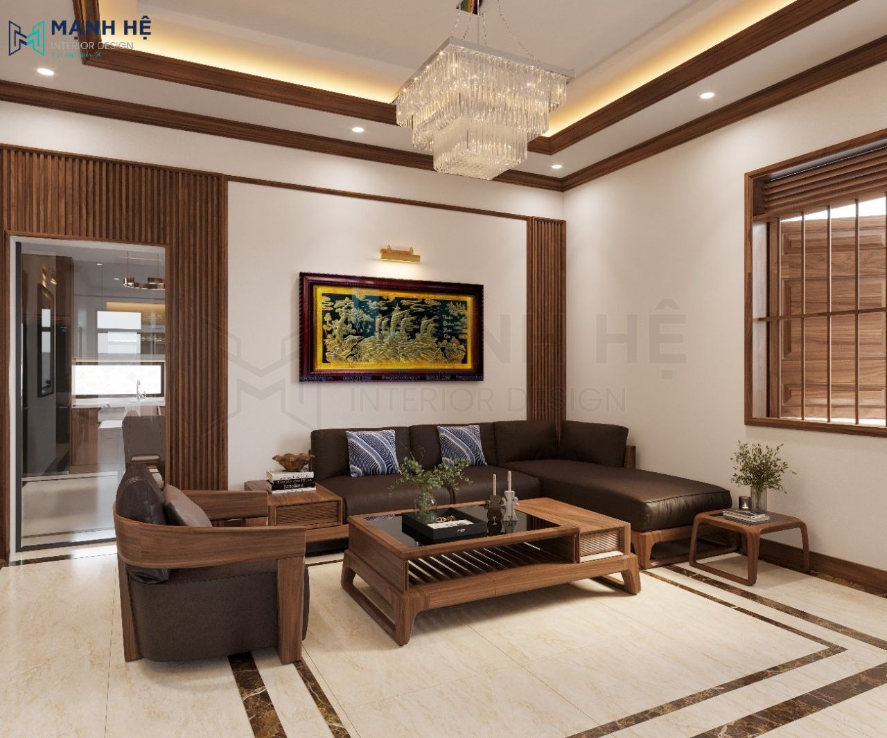 Bàn trà và ghế sofa gỗ tự nhiên kết hợp nệm bọc da