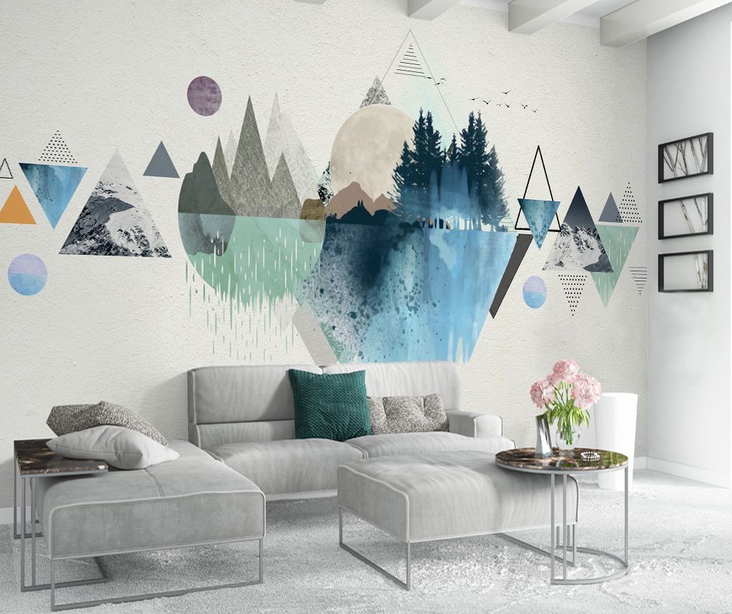 Phong cách trẻ trung với sự hòa quyện giữa các gam màu để trang trí phòng khách bằng tranh dán tường 3D