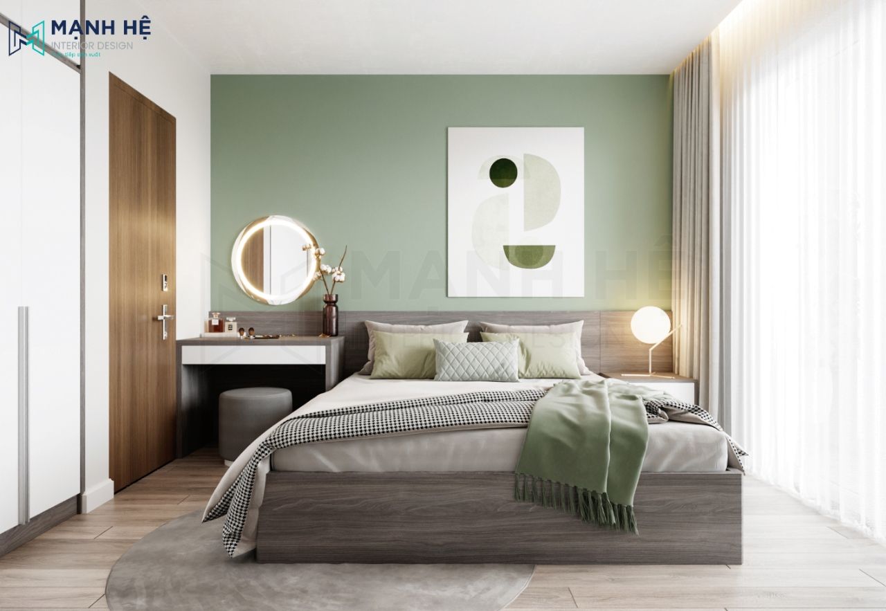 Phòng ngủ 02 chọn gam màu xanh lá tươi mát cùng nội thất gỗ công nghiệp