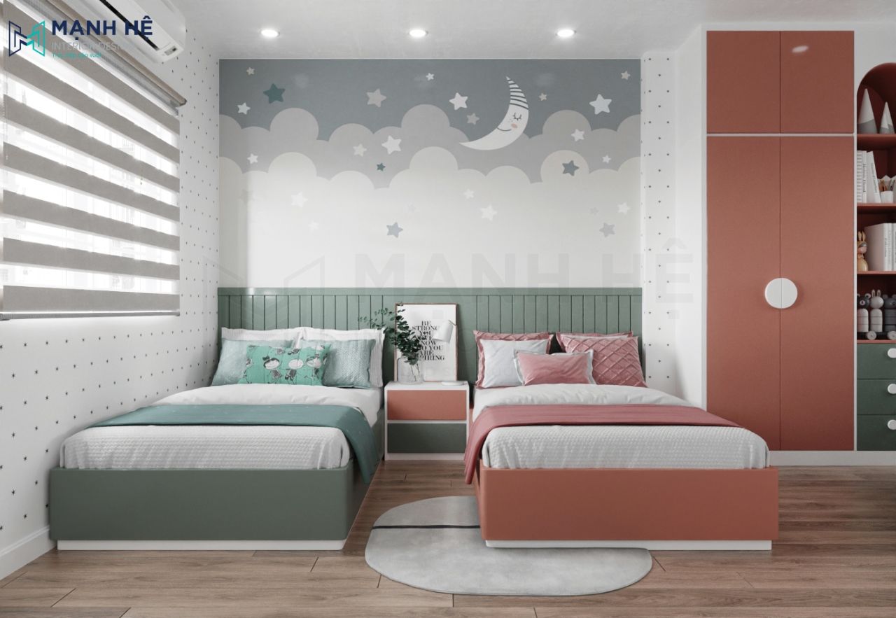 Thiết kế giường đôi với 2 gam màu hồng - xanh lá